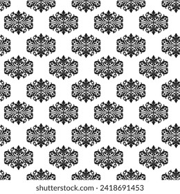 Damask Fabric textile seamless pattern Luxury decorative  Ornamental floral divider Black line vintage decoration element white Background. Curtain, carpet, wallpaper, clothing, wrapping, textile