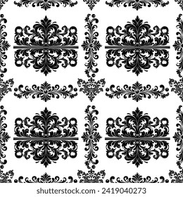 Damask Fabric textile seamless pattern Luxury decorative  Ornamental floral divider Black line vintage decoration element white Background. Curtain, carpet, wallpaper, clothing, wrapping, textile