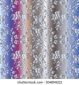 Damask floral baroque elegant vector seamless pattern background wallpaper with decorative antique 3d vintage white roses flowers leaves and ornaments. Flourish illustration.