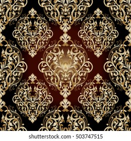 Damask floral baroque vector seamless pattern wallpaper illustration with gold 3d vintage antique decorative flowers, leaves and ornaments.