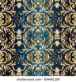  Damask floral baroque vector seamless pattern background  wallpaper illustration with gold elegant 3d decorative  flowers leaves and ornaments.