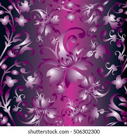 Damask floral baroque vector seamless pattern background wallpaper illustration with vintage decorative 3d flowers leaves and ornaments.