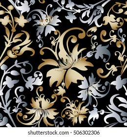 Dibujo de fondo en papel pintado de color barroco floral Damasco con adornos y hojas de flores adamascadas 3d decorativas vintage.Patrón floral dorado damasco plateado.