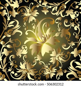 Damask floral baroque vector seamless pattern background wallpaper illustration with vintage decorative 3d flowers leaves and ornaments.Gold floral vintage damask pattern