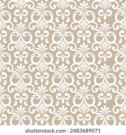 Damask floral design element. Beige and white. Graphic ornament royal wallpaper vector background.