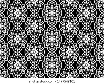 Damask floral design element. Black and white. Graphic ornament royal wallpaper vector background.