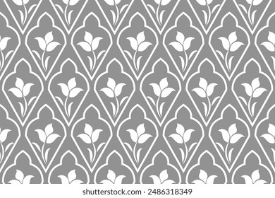 Damask floral design element. Gray and white. Graphic ornament royal wallpaper vector background.