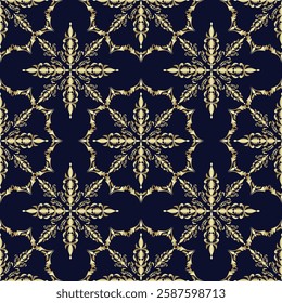 Damask Floral Gold Seamless Pattern Vector, Arabesque Cloth, Bandana Print, Baroque Style, Bohemian Decor Border Embroidery, Design for Carpet Pattern, Cushion Cover, Damascus Ornament, Damask Pattern