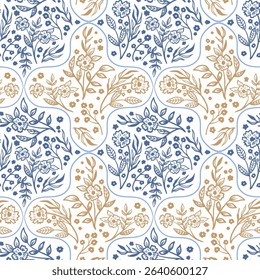 Damask floral hand drawn seamless pattern. simple meadow flower botanical texture for rustic textile