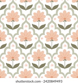 Damask floral hand drawn wallpaper. Pastel simple meadow flower seamless pattern. Vector beige botanical spring design, repeat background, Cute Easter print, rustic textile, wrap paper, scrap, fabric.