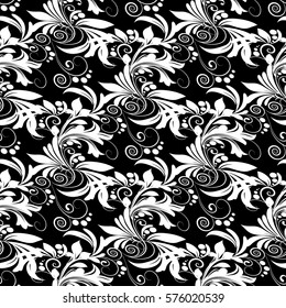 Damask floral isolated seamless  pattern. Black background with vintage  white flowers, leaves and antique ornaments in Victorian style. Luxury wallpaper. Vector texture for fabric, textile, curtains.