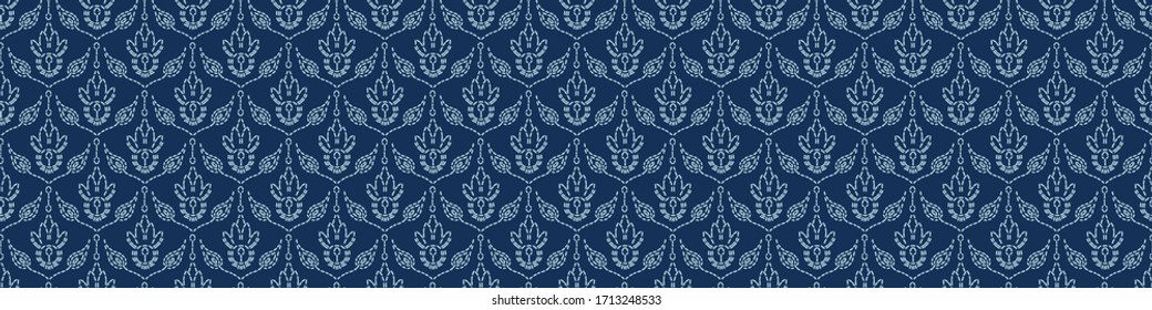 Damask Floral Motif Sashiko Stitch Border Pattern. Japanese Needlework Seamless Vector Background. Hand Drawn Line Effect For Textile Edging. Classic Japan Embroidery Decor, Asian Kimono Ribbon Trim.