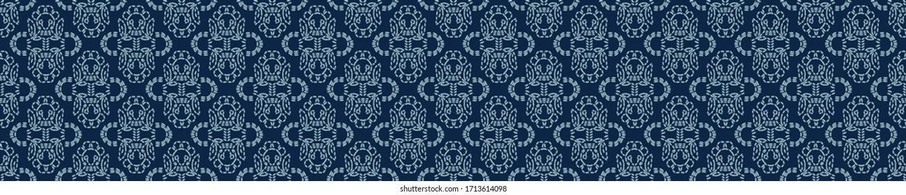 Damask floral motif sashiko stitch border pattern. Japanese needlework seamless vector background. Hand drawn line effect for textile edging. Classic Japan embroidery decor, asian kimono ribbon trim.