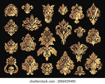 Damask floral ornament. Gold vintage ornaments with flourish elements. Old fashioned baroque decorations for wallpaper or packaging vector set. Luxury elegant decor with royal swirls