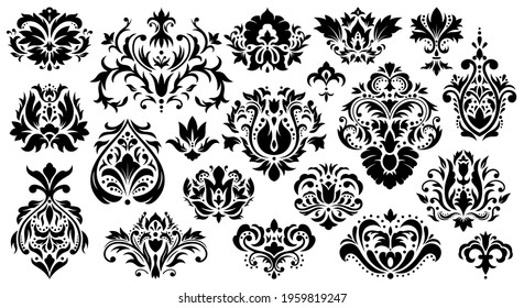 Damask floral ornament. Vintage rococo ornaments, baroque figured decorative elements vector illustration set. Abstract damask antique patterns. Monochorme scroll shape, leaf elements baroque