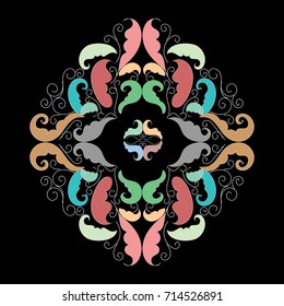 Damask floral pattern. Baroque ornament. Black background with colorful   ornamental hand drawn antique swirl scroll leaves and flowers. Luxury vector surface texture.