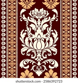 Damask floral pattern border. Motifs Ikat floral ethnic oriental pattern traditional.Aztec style abstract vector illustration.design for texture, fabric, scarf,background,carpet,,rug