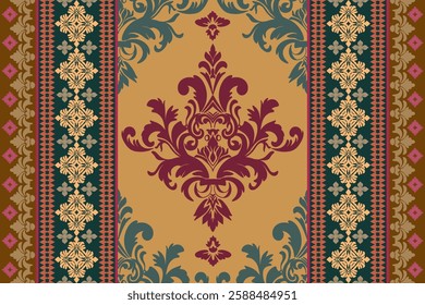 Damask floral pattern border. Motifs Ikat floral ethnic oriental pattern traditional.Aztec style abstract vector illustration.design for texture, fabric, scarf,background,carpet,,rug