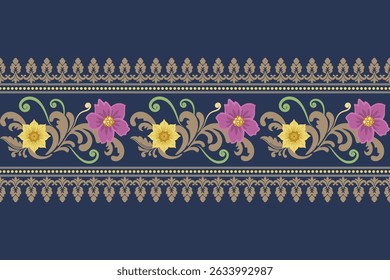 Damask floral pattern border. Motifs Ikat floral ethnic oriental pattern traditional.Aztec style abstract vector illustration.design for texture, fabric, scarf,background,carpet,rug