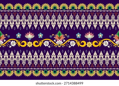 Borde de patrón floral de damasco. Motivos Ikat patrón oriental étnico floral tradicional. Ilustración vectorial abstracta de estilo azteca. diseño para textura, tela, bufanda, fondo, alfombra, alfombra