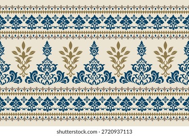 Borde de patrón floral de damasco. Motivos Ikat patrón oriental étnico floral tradicional. Ilustración vectorial abstracta de estilo azteca. diseño para textura, tela, bufanda, fondo, alfombra, alfombra