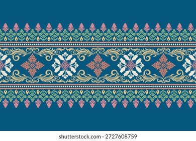 Borde de patrón floral de damasco. Motivos Ikat patrón oriental étnico floral tradicional. Ilustración vectorial abstracta de estilo azteca. diseño para textura, tela, bufanda, fondo, alfombra, alfombra
