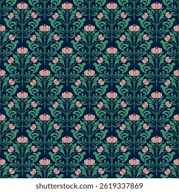 Damask floral pattern with green foliage and peach color blooms on deep navy background for luxe textiles. Perfect for wallpaper, fabric, or stationery.