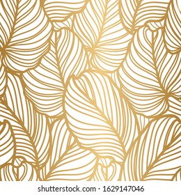 Damask floral pattern. IIt is for royal wallpaper, fabric, card and poster.  Gold leaves of a Calathea orbifolia background.