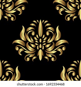 Damask floral pattern on a black background, seamless golden wallpaper.