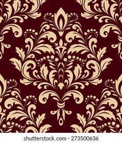 Damask  floral pattern. Royal wallpaper. Red and gold floral ornament. Seamless vector background. 