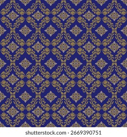 Patrón floral de damasco que es elegante, hermoso, patrón sin fisuras, para el uso en Imágenes de fondo, con un fondo azul.