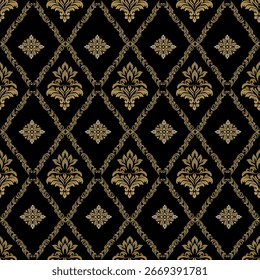 Damask floral pattern that is elegant beautiful, Seamless pattern, For use in background images, with a black background.