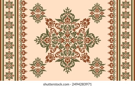 Damast Blumenmuster Vektorgrafik. Arabesque Tuch .Bandana Print.Silk .Baroque Stil .Bohemian Dekor   Rahmenstickerei .Teppichmuster .Kissenbezug ,Damaskus Ornament ,Damaskusmuster 
