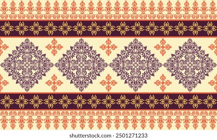 Damask Floral Pattern Vector. Arabesque Cloth  .Bandana Print.Silk  .Baroque Style  .Bohemian Decor   Border Embroidery .Carpet Pattern  .Cushion Cover ,Damascus Ornament  ,Damask Pattern 
