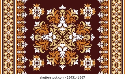 Vector de patrón floral de damasco. Paño arabesco. Estampado de bandana. Seda. Estilo barroco. Bordado de borde de decoración bohemia. Patrón de alfombra. Cubierta de cojín, ornamento de Damasco, patrón de damasco.