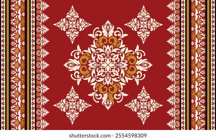 Damask Floral Pattern Vector. Arabesque Cloth .Bandana Print.Silk .Baroque Style .Bohemian Decor Border Embroidery .Carpet Pattern .Cushion Cover ,Damascus Ornament ,Damask Pattern	