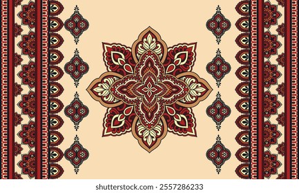 Damask Floral Pattern Vector. Arabesque Cloth .Bandana Print.Silk .Baroque Style .Bohemian Decor Border Embroidery .Carpet Pattern .Cushion Cover ,Damascus Ornament ,Damask Pattern