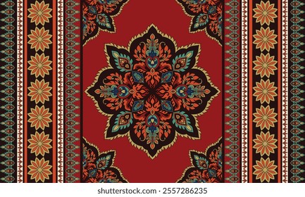 Damask Floral Pattern Vector. Arabesque Cloth .Bandana Print.Silk .Baroque Style .Bohemian Decor Border Embroidery .Carpet Pattern .Cushion Cover ,Damascus Ornament ,Damask Pattern