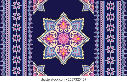 Damask Floral Pattern Vector. Arabesque Cloth .Bandana Print.Silk .Baroque Style .Bohemian Decor Border Embroidery .Carpet Pattern .Cushion Cover ,Damascus Ornament ,Damask Pattern