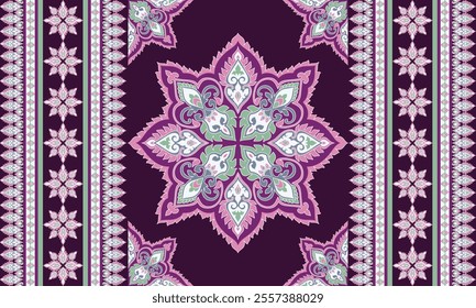 Damask Floral Pattern Vector. Arabesque Cloth .Bandana Print.Silk .Baroque Style .Bohemian Decor Border Embroidery .Carpet Pattern .Cushion Cover ,Damascus Ornament ,Damask Pattern