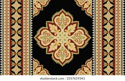 Damask Floral Pattern Vector. Arabesque Cloth .Bandana Print.Silk .Baroque Style .Bohemian Decor Border Embroidery .Carpet Pattern .Cushion Cover ,Damascus Ornament ,Damask Pattern