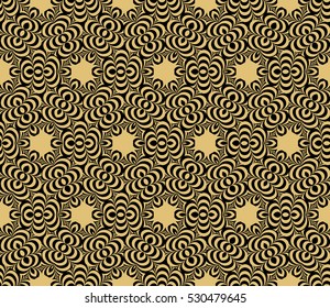 Damask floral seamless geometric pattern background. Luxury texture for wallpaper, invitation. Vector illustration. gold on black.