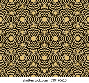 Damask floral seamless geometric pattern background. Luxury texture for wallpaper, invitation. Vector illustration. gold on black.