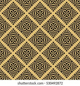 Damask floral seamless geometric pattern background. Luxury texture for wallpaper, invitation. Vector illustration. gold on black.