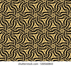 Damask floral seamless geometric pattern background. Luxury texture for wallpaper, invitation. Vector illustration. gold on black.