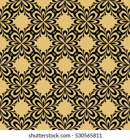 Damask floral seamless geometric pattern background. Luxury texture for wallpaper, invitation. Vector illustration. gold on black.