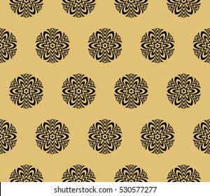 Damask floral seamless geometric pattern background. Luxury texture for wallpaper, invitation. Vector illustration. gold on black.