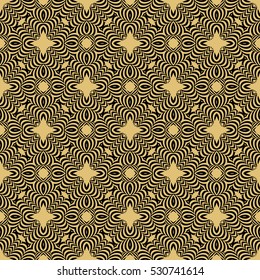 Damask floral seamless geometric pattern background. Luxury texture for wallpaper, invitation. Vector illustration. gold on black.