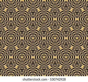 Damask floral seamless geometric pattern background. Luxury texture for wallpaper, invitation. Vector illustration. gold on black.