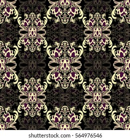 Damask floral seamless pattern with arabesque, multicolor oriental ornament. Abstract traditional decor for backgrounds with natural motifs, wallpaper, fabric design, decoration. Vector ClipArt